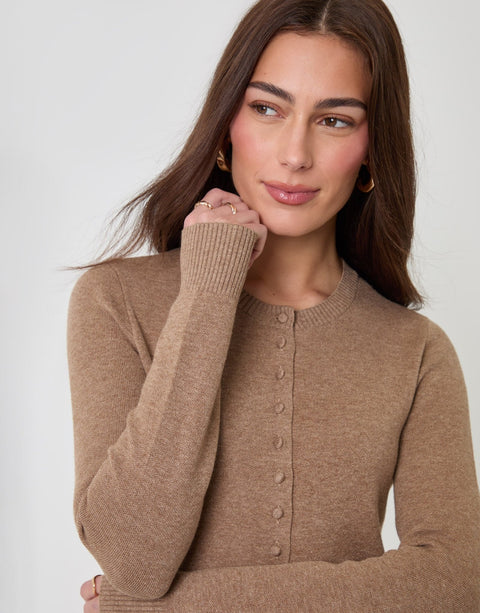 Threadbare Crew Neck Compact Knitted Cardigan in Beige - close up