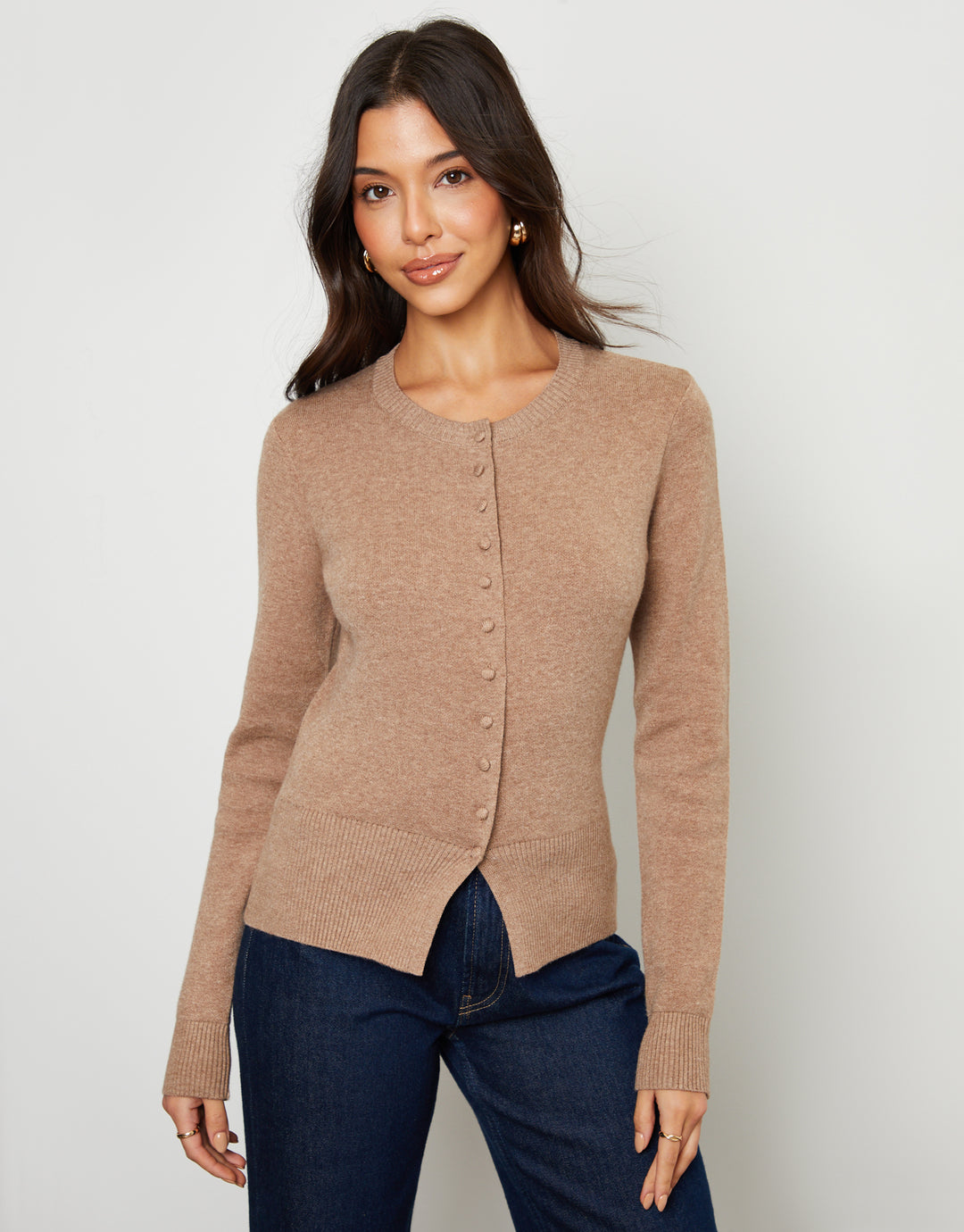 Beige Crew Neck Compact Knitted Cardigan