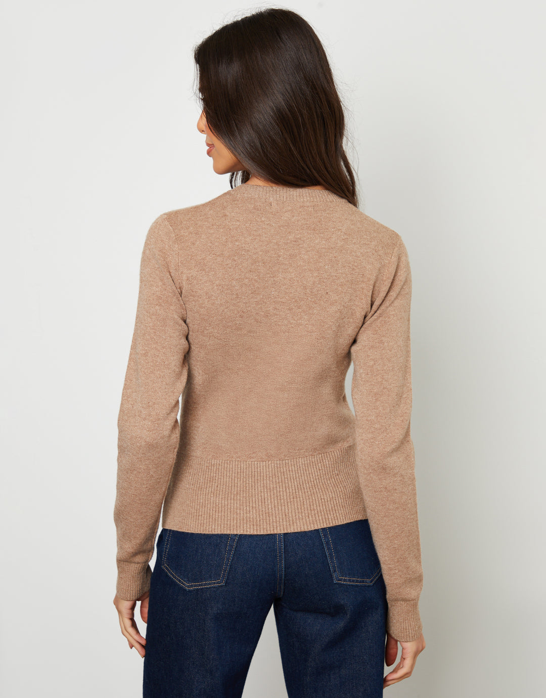Beige Crew Neck Compact Knitted Cardigan