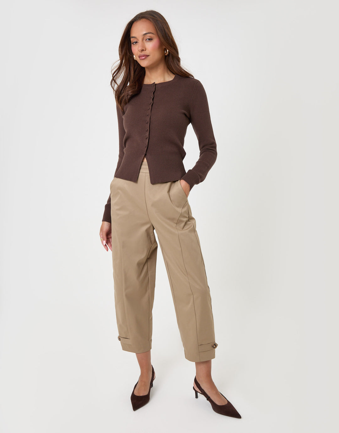 Threadbare Crew Neck Compact Knitted Cardigan in Chocolate Brown - full body