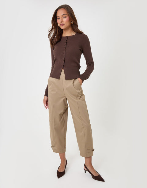 Threadbare Crew Neck Compact Knitted Cardigan in Chocolate Brown - full body