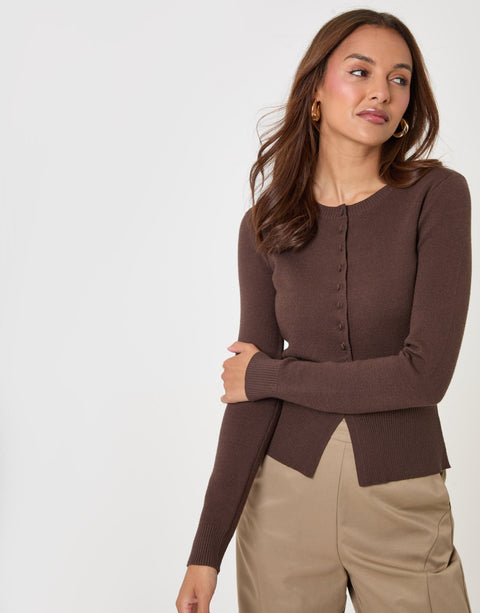 Threadbare Crew Neck Compact Knitted Cardigan in Chocolate Brown - close up