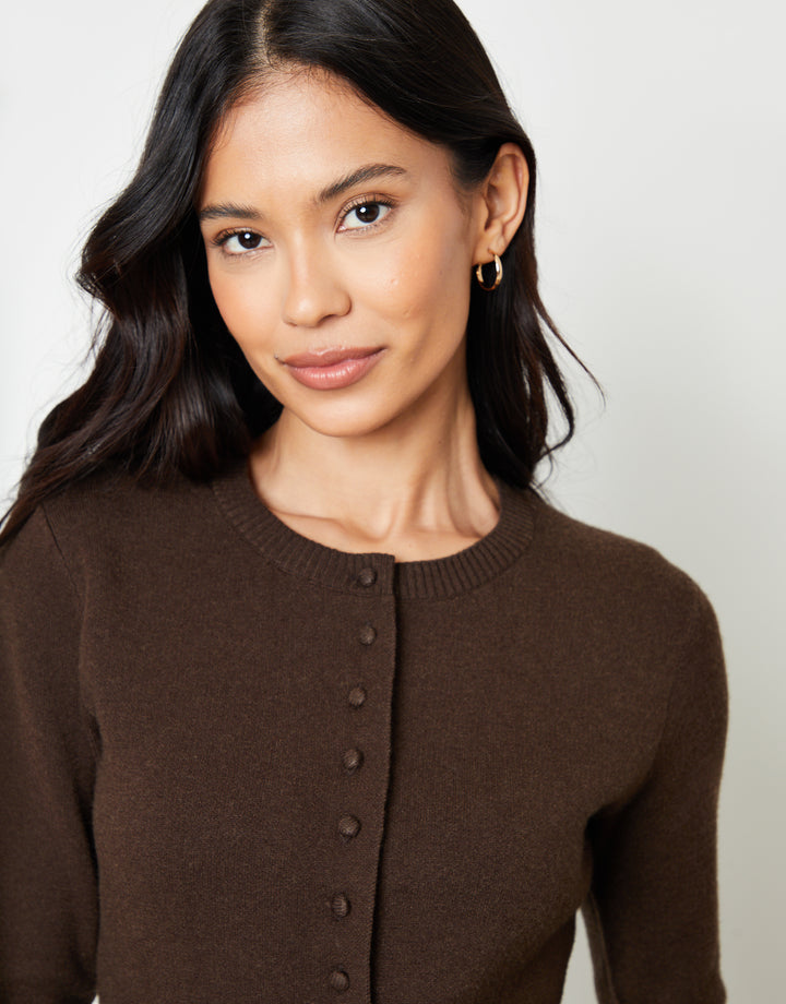 Chocolate Brown Crew Neck Compact Knitted Cardigan