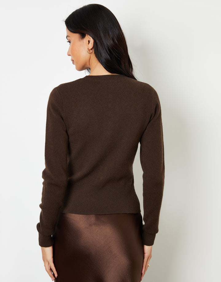 Chocolate Brown Crew Neck Compact Knitted Cardigan