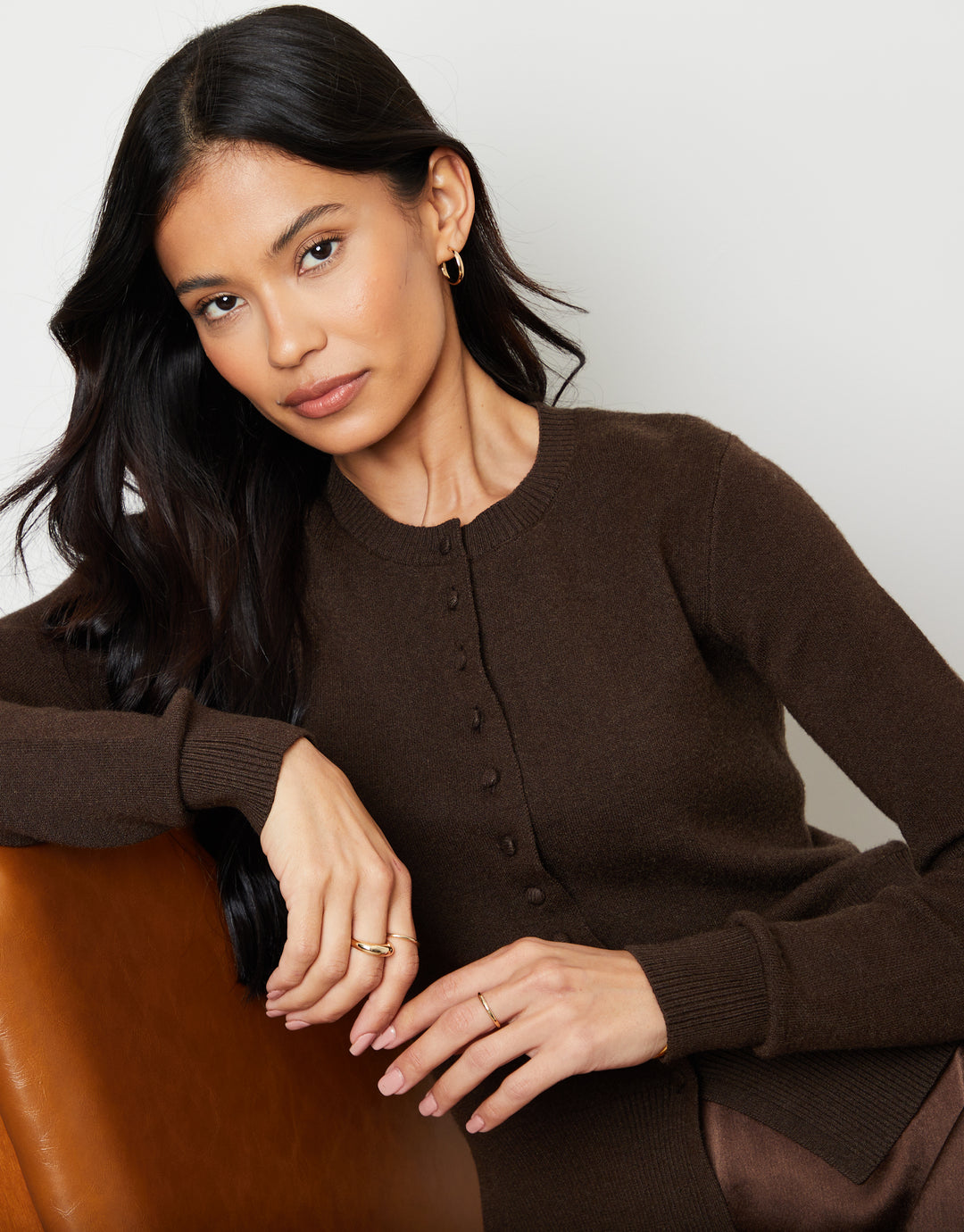 Chocolate Brown Crew Neck Compact Knitted Cardigan