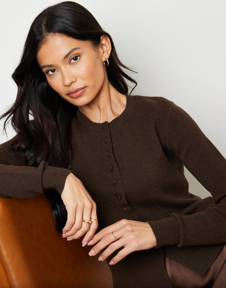 Chocolate Brown Crew Neck Compact Knitted Cardigan