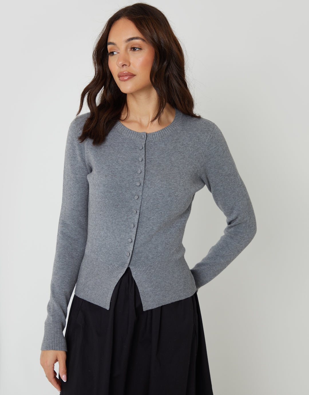 Grey Crew Neck Compact Knitted Cardigan
