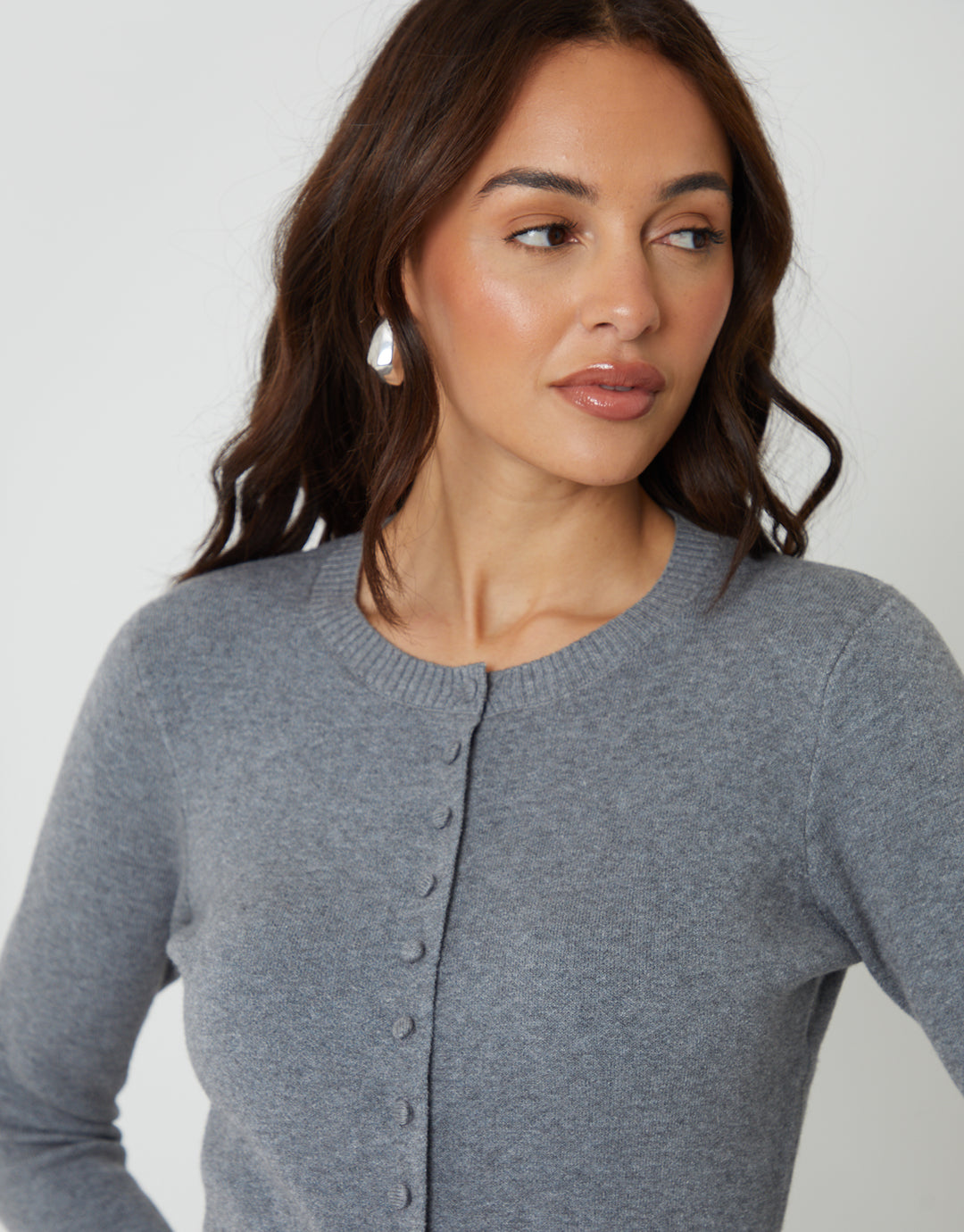 Grey Crew Neck Compact Knitted Cardigan