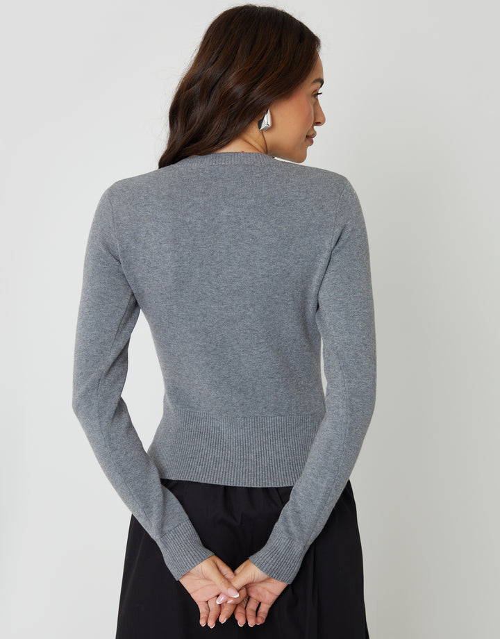 Grey Crew Neck Compact Knitted Cardigan