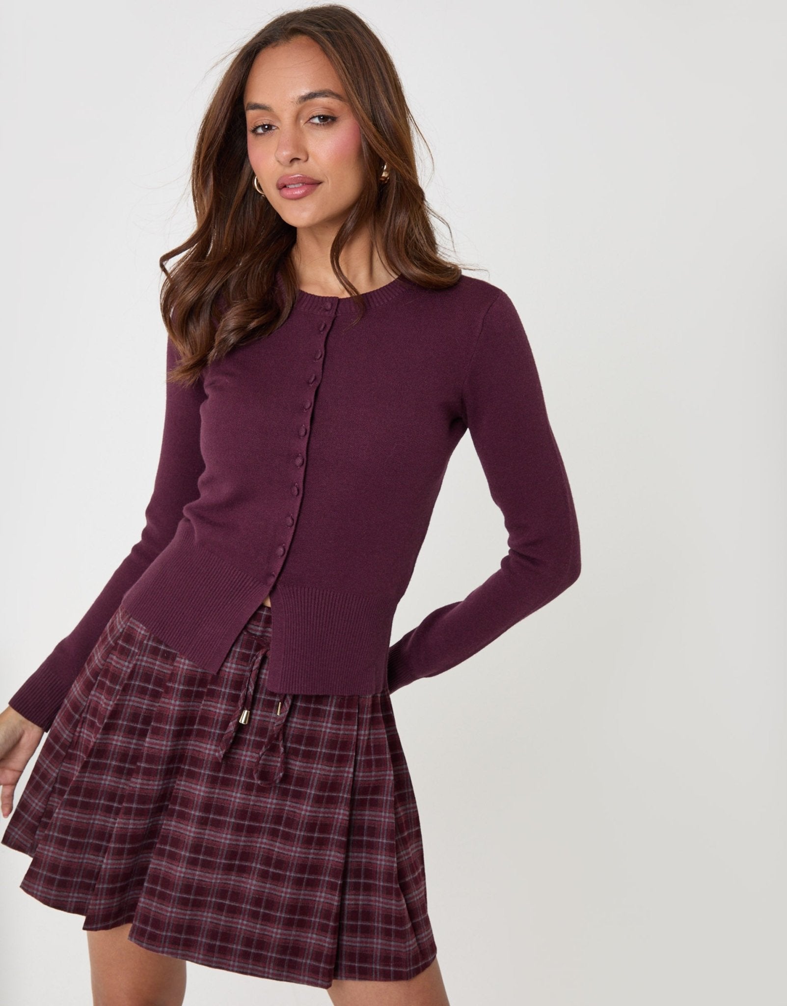 Crew Neck Knitted Cardigan in Plum