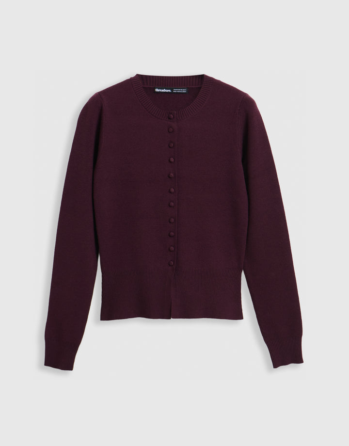 Crew Neck Compact Knitted Cardigan in Berry Red