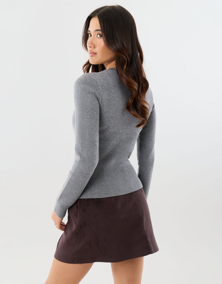Crew Neck Knitted Cardigan in Charcoal Grey