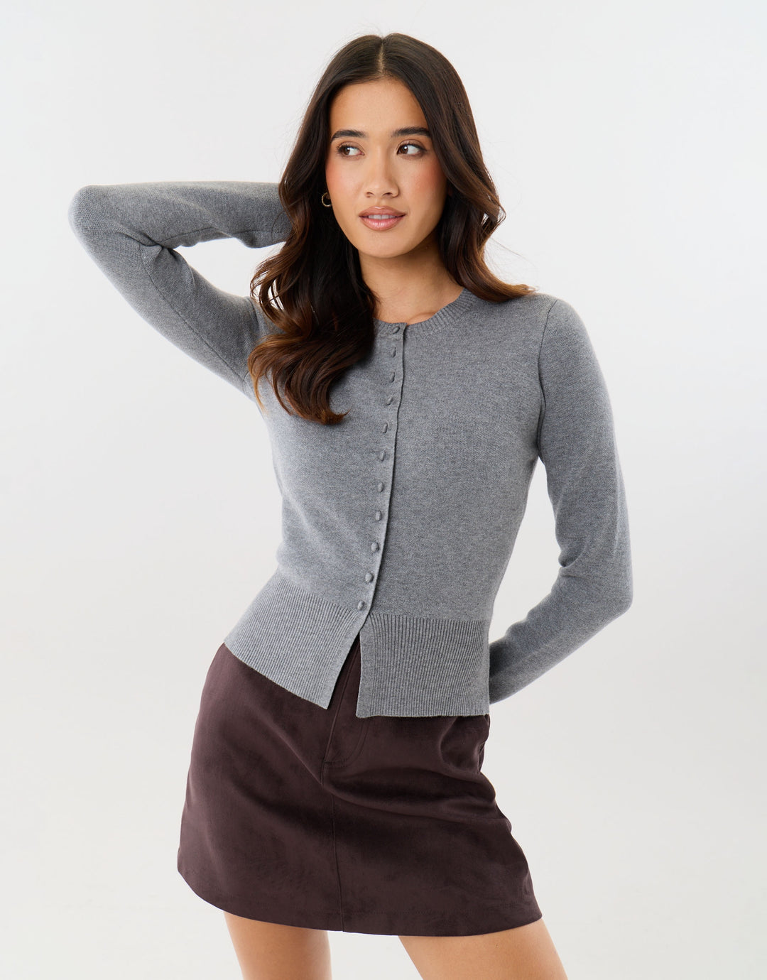 Crew Neck Knitted Cardigan in Charcoal Grey