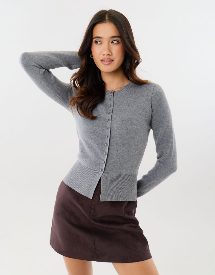 Crew Neck Knitted Cardigan in Charcoal Grey