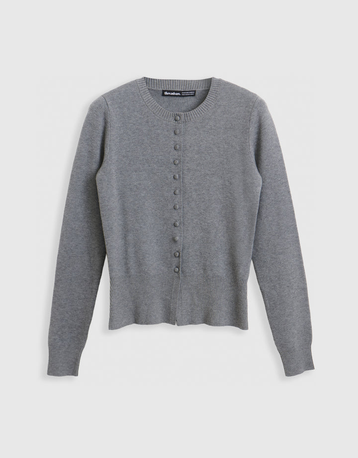 Crew Neck Compact Knitted Cardigan in Grey