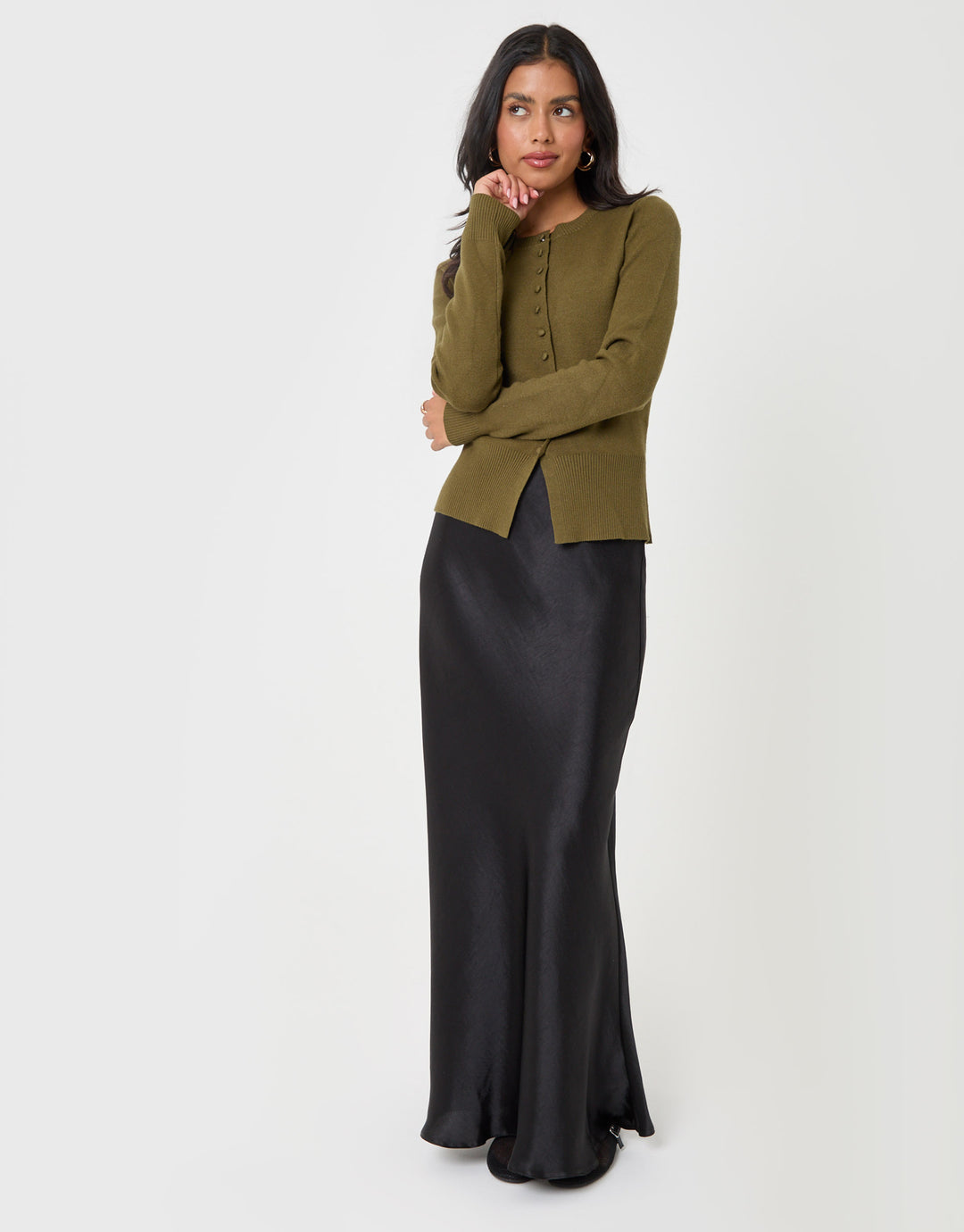 Threadbare Crew Neck Compact Knitted Cardigan in Olive Green - full body