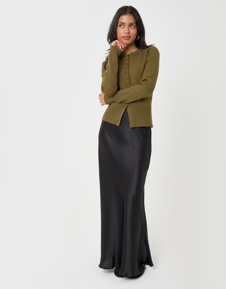 Threadbare Crew Neck Compact Knitted Cardigan in Olive Green - full body