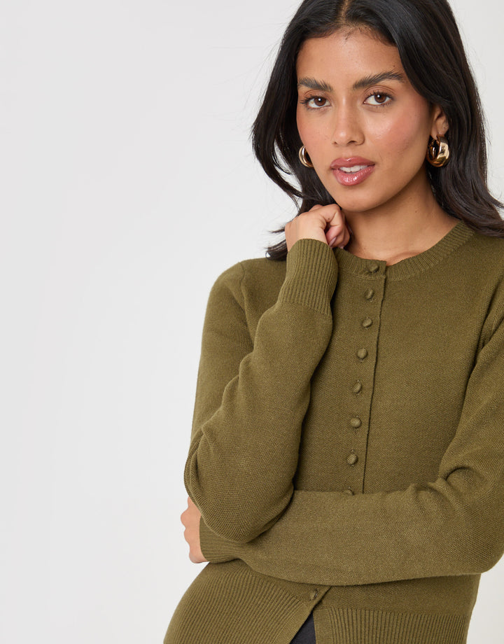 Threadbare Crew Neck Compact Knitted Cardigan in Olive Green - close up