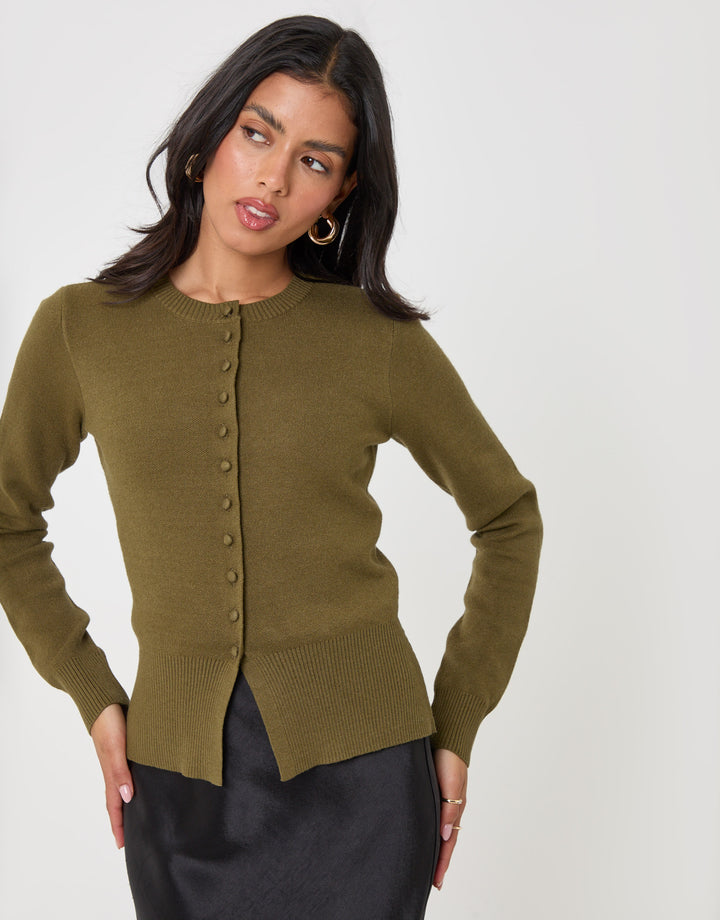 Threadbare Crew Neck Compact Knitted Cardigan in Olive Green - front view