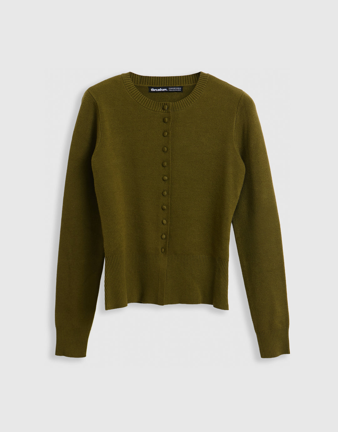 Threadbare Crew Neck Compact Knitted Cardigan in Olive Green - mannequin image