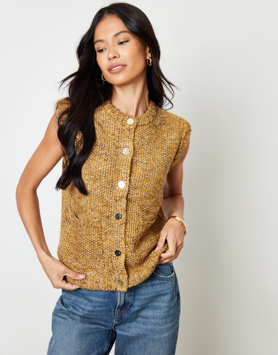 Moss Stitch Knitted Button Up Waistcoat in Yellow