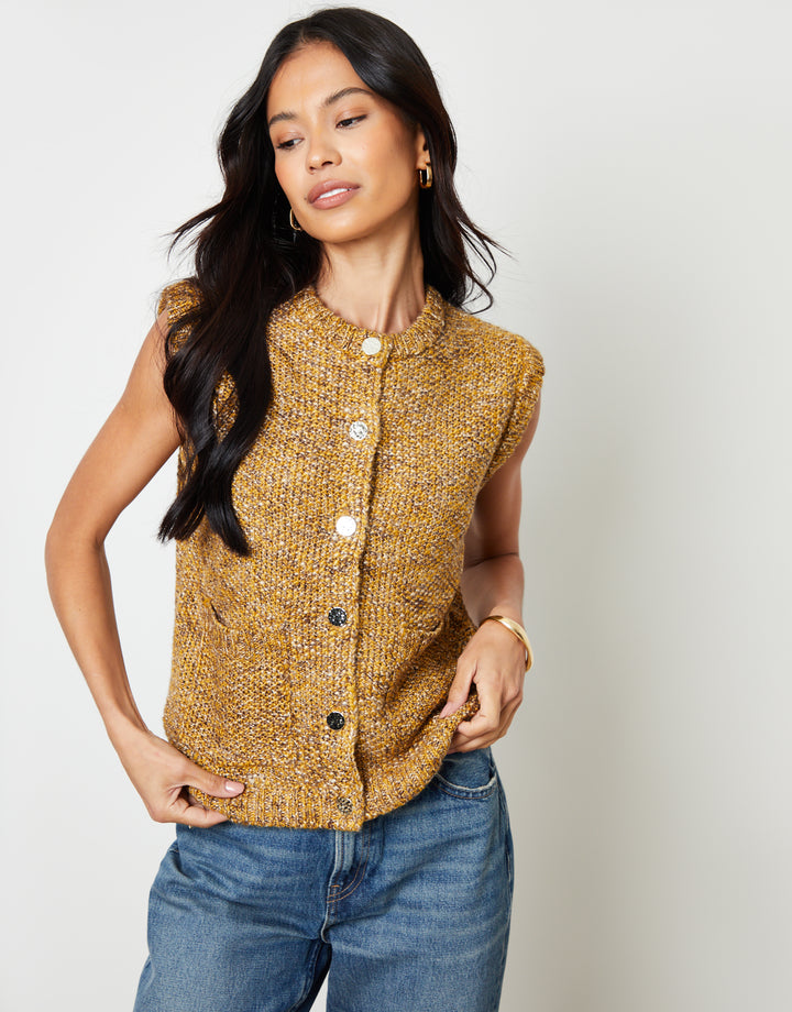 Moss Stitch Knitted Button Up Waistcoat in Yellow