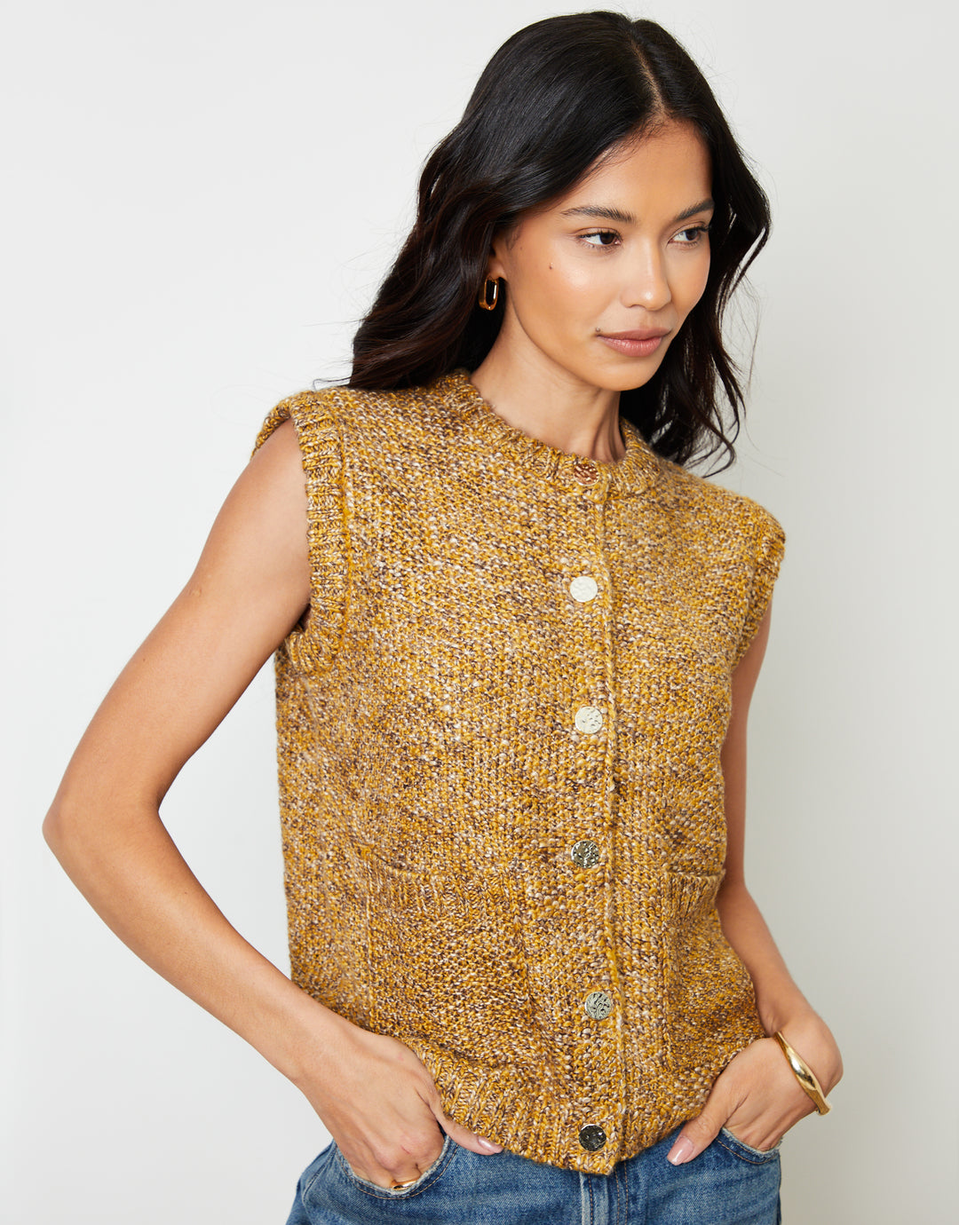 Moss Stitch Knitted Button Up Waistcoat in Yellow