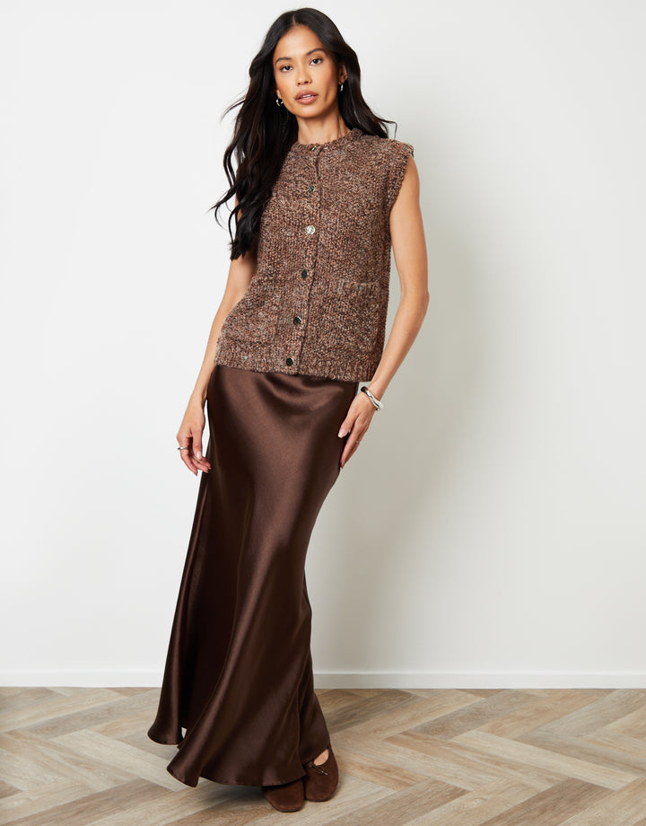 Chocolate Brown Moss Stitch Knitted Button Up Waistcoat