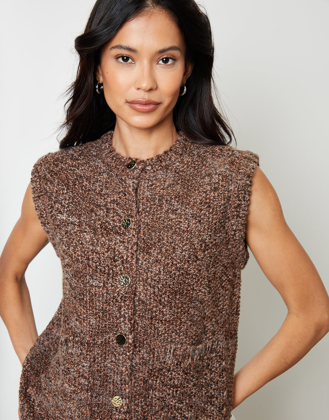 Chocolate Brown Moss Stitch Knitted Button Up Waistcoat
