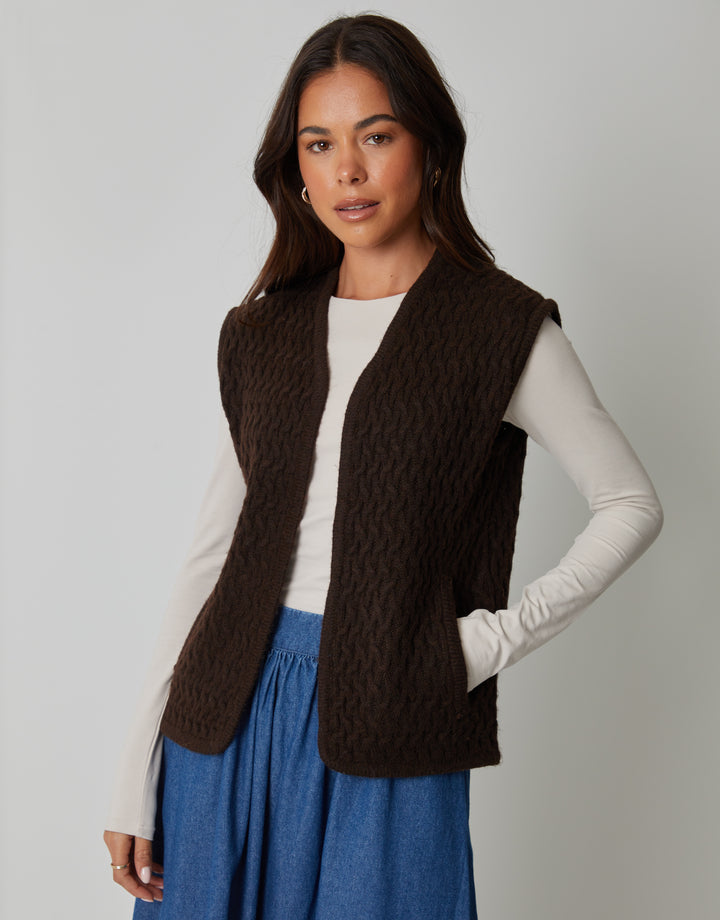 Textured Knitted Gilet in Chocolate Brown