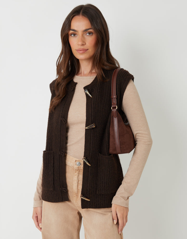 Chocolate Brown Toggle Detail Chunky Knit Vest