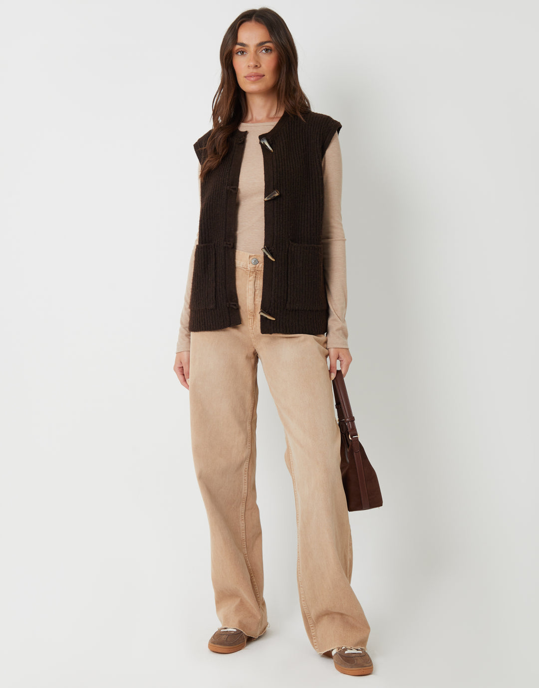 Chocolate Brown Toggle Detail Chunky Knit Vest