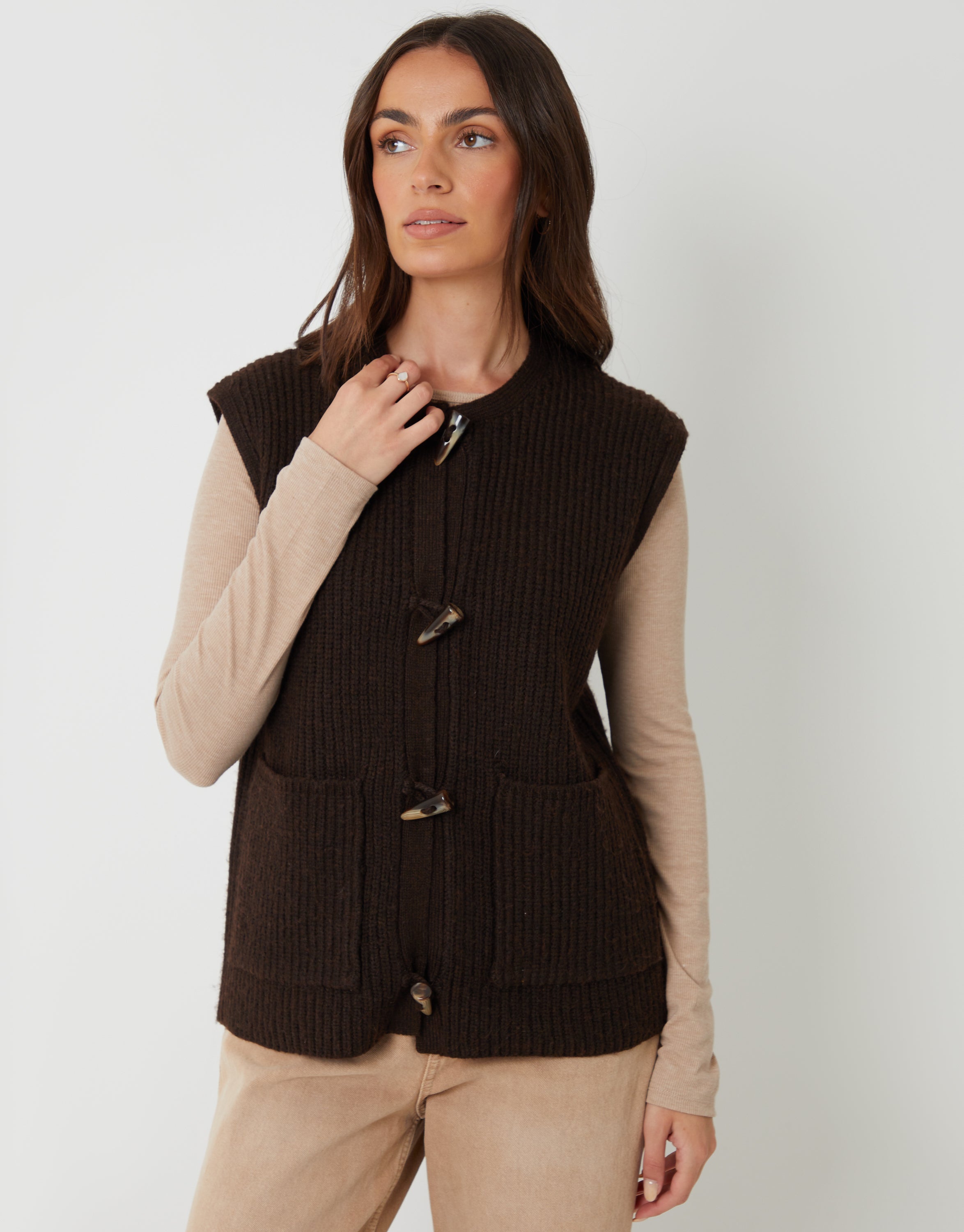 Threadbare Women's Chocolate Brown Toggle Detail Chunky Knit Vest