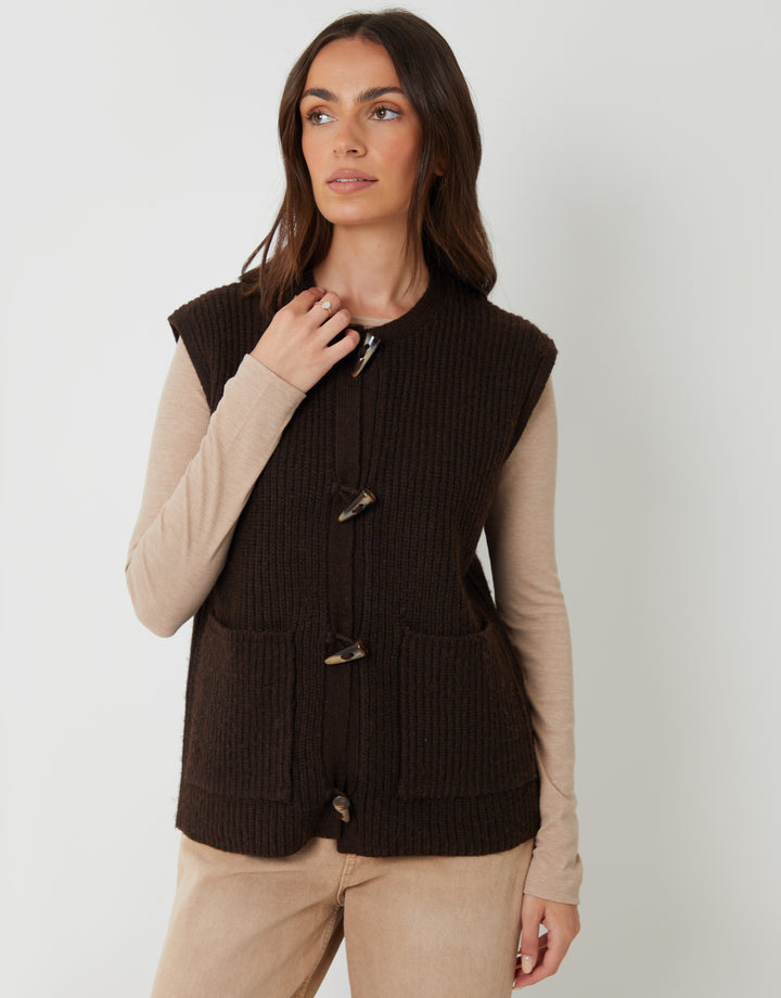 Chocolate Brown Toggle Detail Chunky Knit Vest