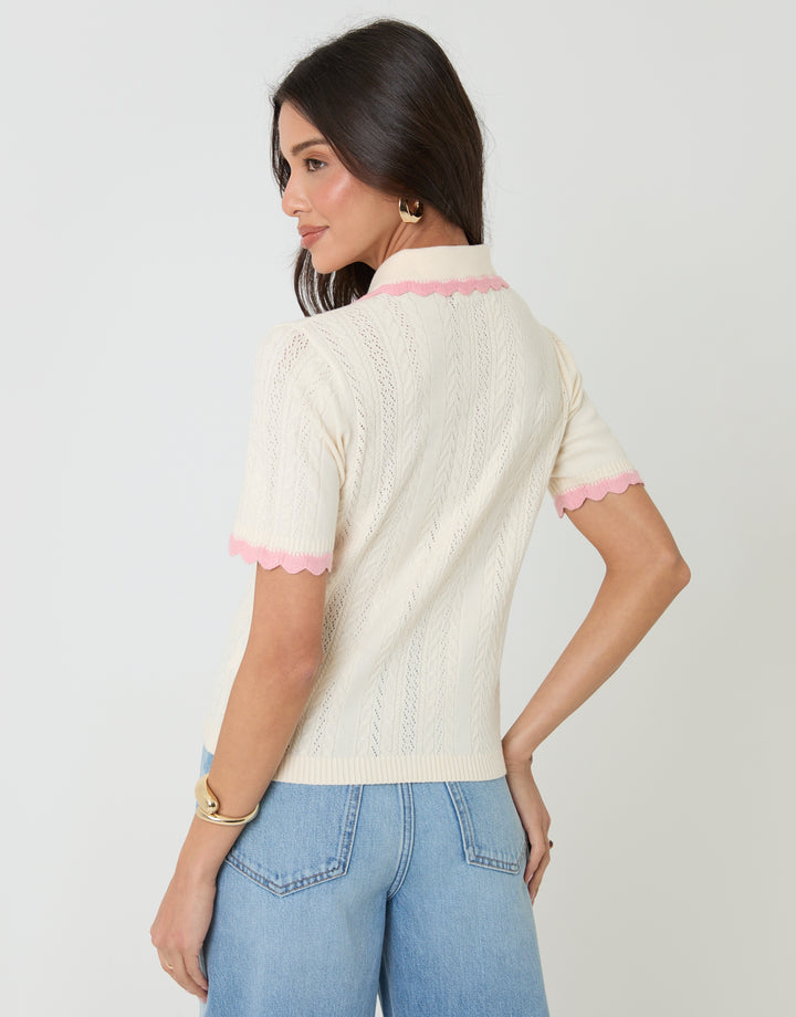 Threadbare Pointelle Knit Scalloped Polo Collar Top in Cream - back view