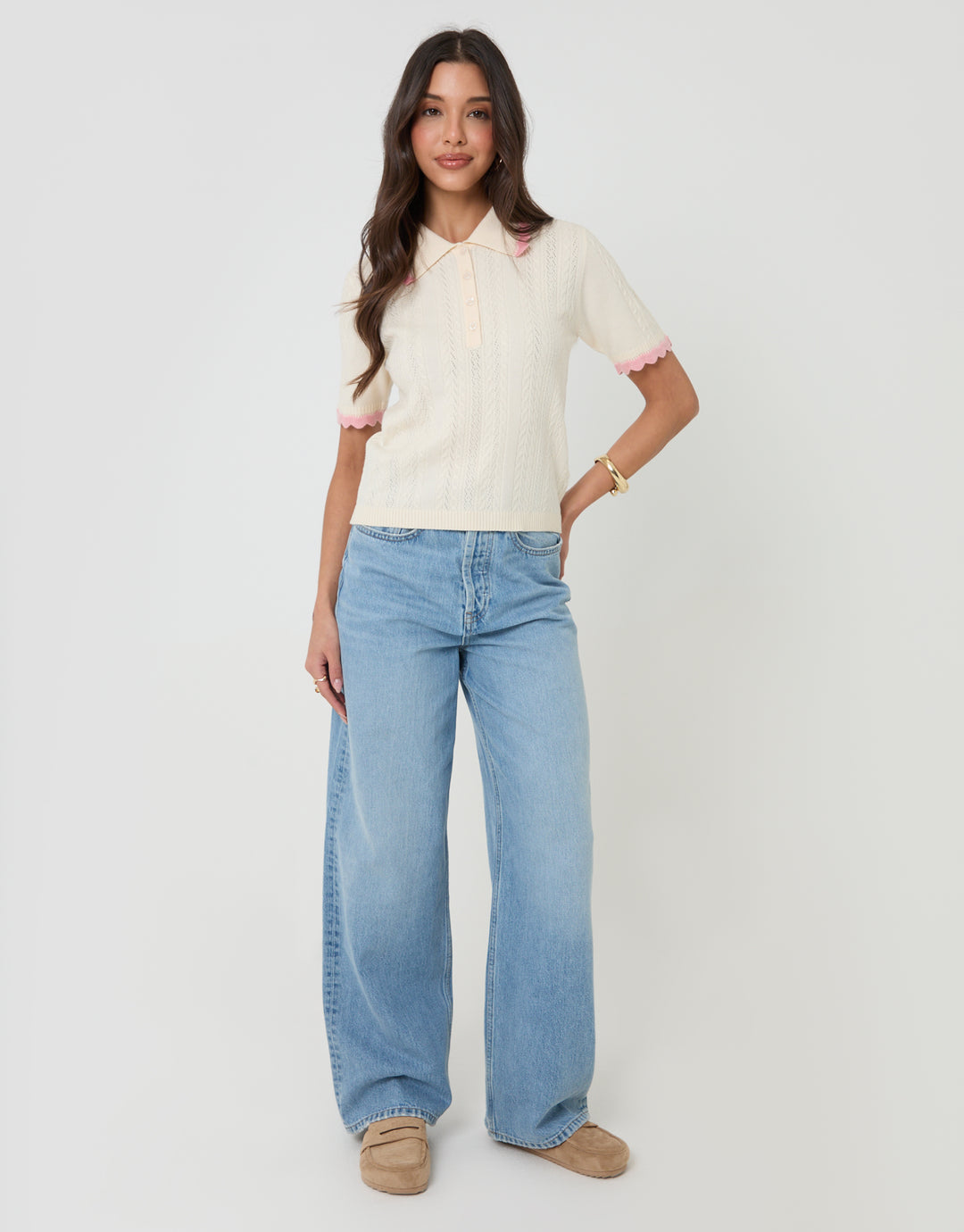Threadbare Pointelle Knit Scalloped Polo Collar Top in Cream - full body