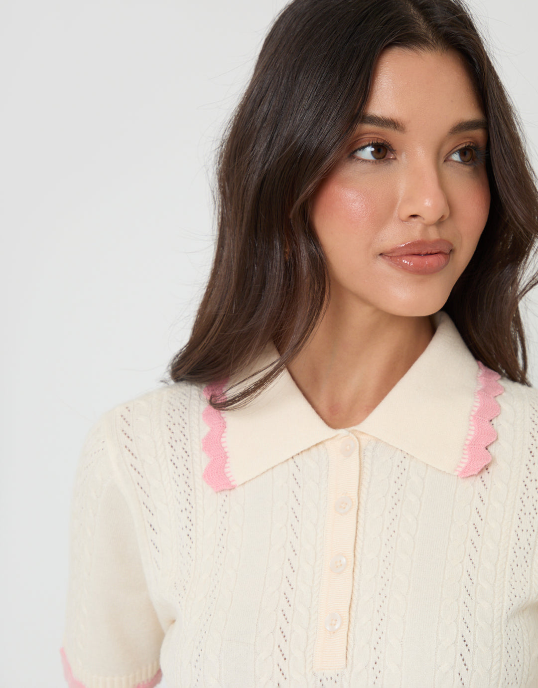 Threadbare Pointelle Knit Scalloped Polo Collar Top in Cream - collar close up