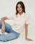 Cream Pointelle Knit Scalloped Polo Collar Top