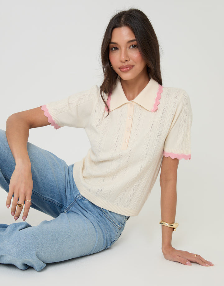 Threadbare Pointelle Knit Scalloped Polo Collar Top in Cream - seated