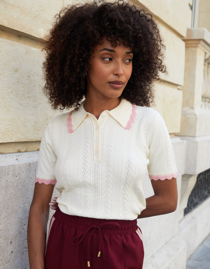 Cream Pointelle Knit Scalloped Polo Collar Top