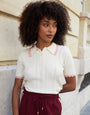 Cream Pointelle Knit Scalloped Polo Collar Top