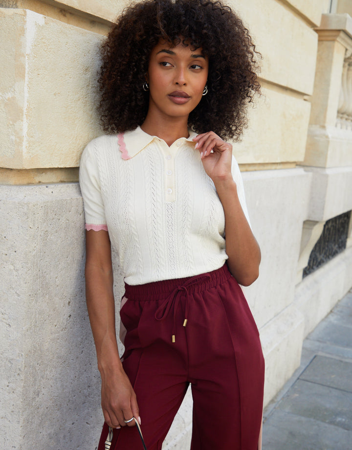 Cream Pointelle Knit Scalloped Polo Collar Top