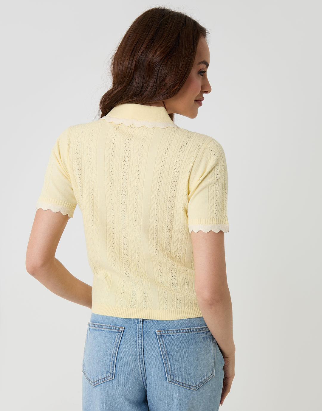 Threadbare Pointelle Knit Scalloped Polo Shirt in Lemon Yellow - back view