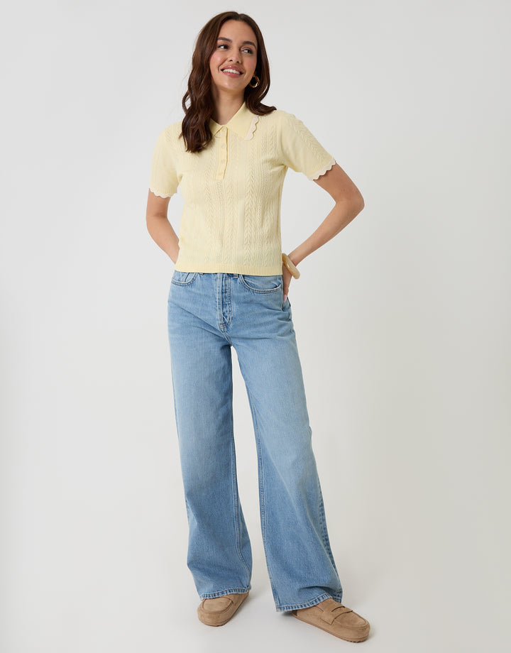 Threadbare Pointelle Knit Scalloped Polo Shirt in Lemon Yellow - full body