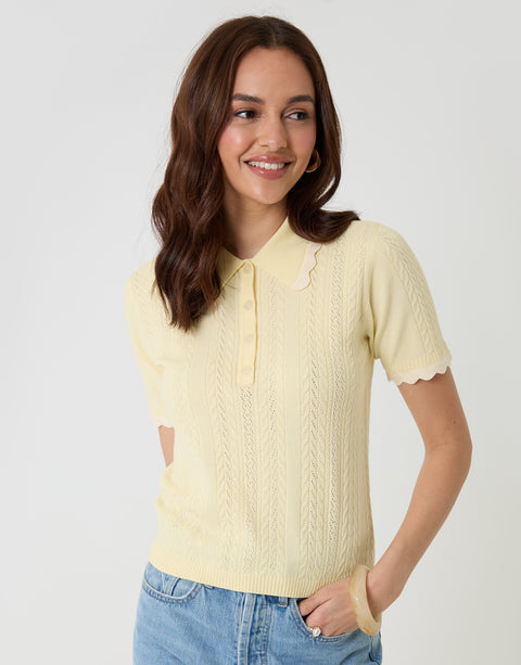 Threadbare Pointelle Knit Scalloped Polo Shirt in Lemon Yellow - front view