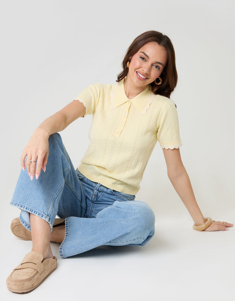 Threadbare Pointelle Knit Scalloped Polo Shirt in Lemon Yellow - seated