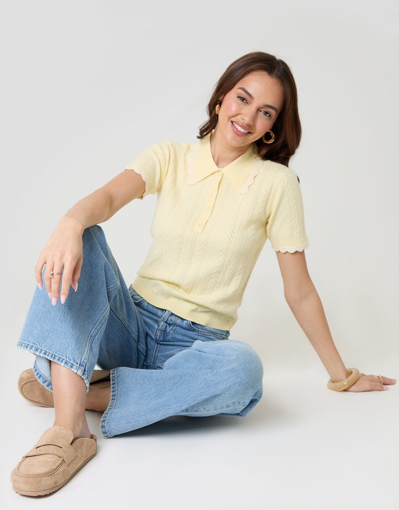 Pointelle Knit Scalloped Polo Shirt Lemon