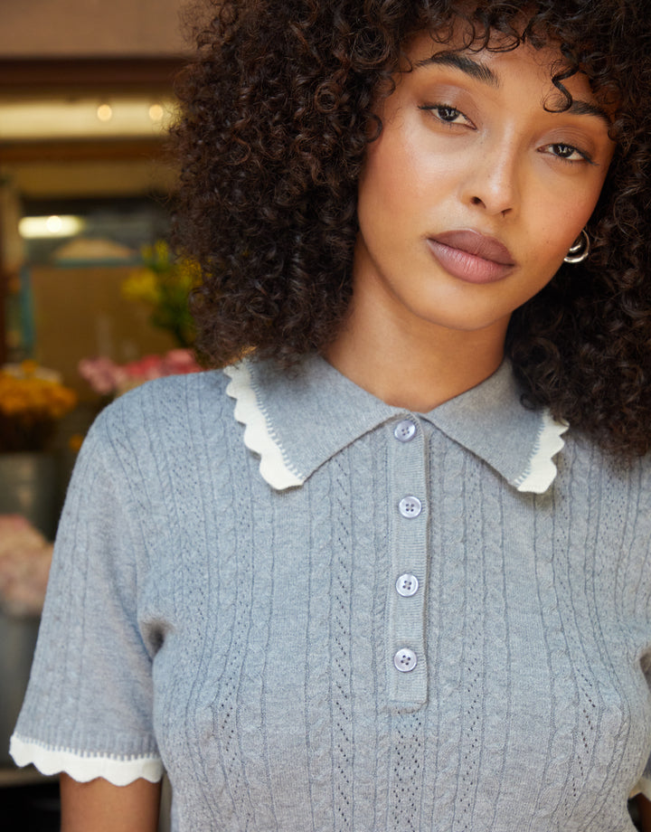 Grey Pointelle Knit Scalloped Polo Collar Top