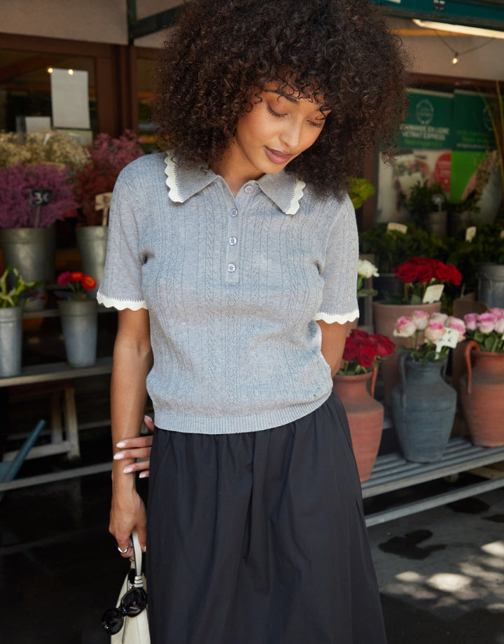 Grey Pointelle Knit Scalloped Polo Collar Top