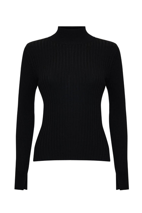 Threadbare Ribbed Knit High Neck Jumper in Black - flat lay